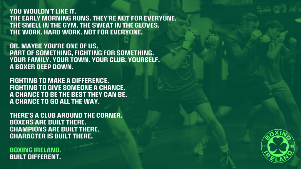 Boxing Ireland brand manifesto over image of boxers training in Dublin Docklands Boxing Gym