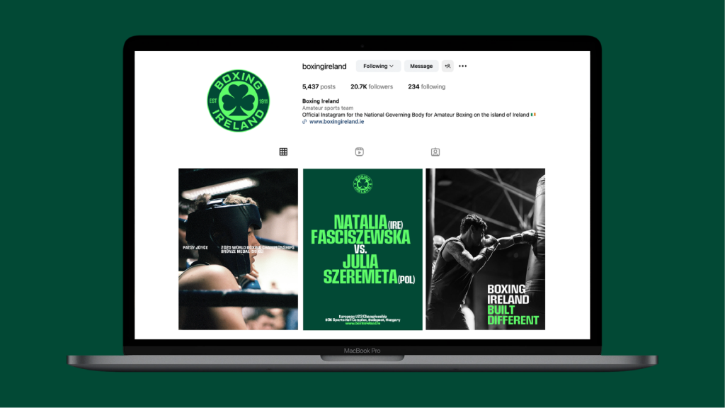 Mock-up of boxing ireland instagram account on laptop screen