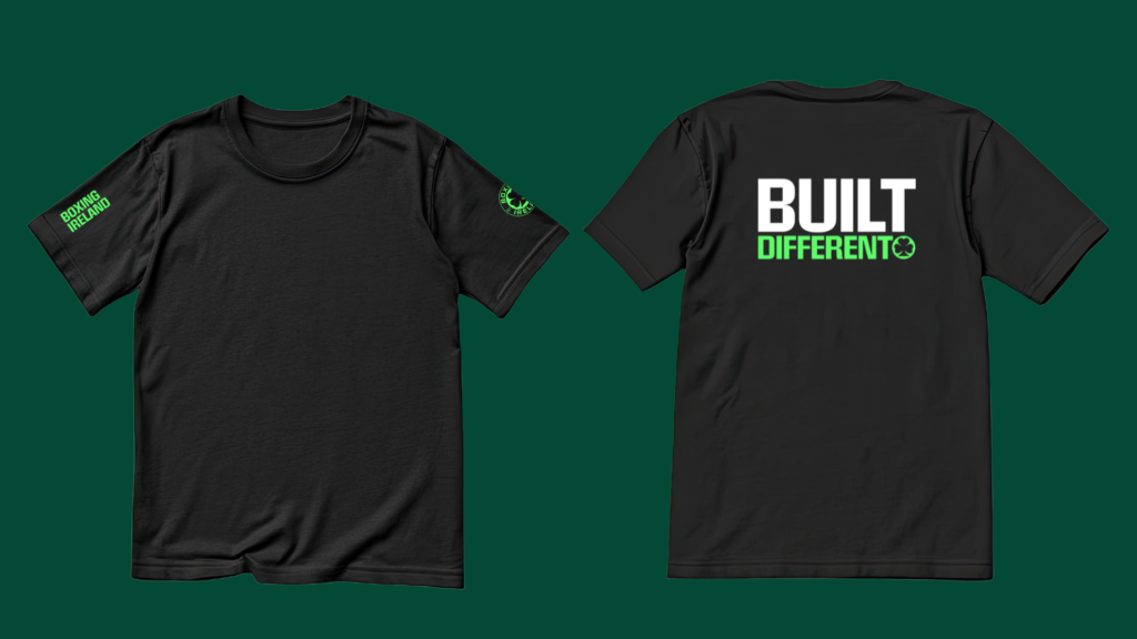 Back and front of boxing ireland t-shirt with large 'Built Different' tagline on the back